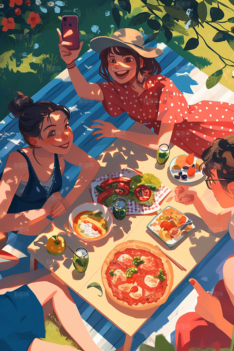 夏日聚会暑假场景插画