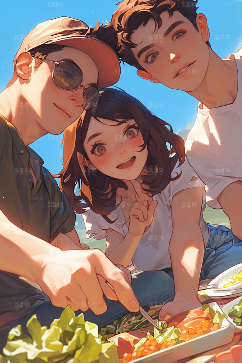 夏日聚会自拍假日插画