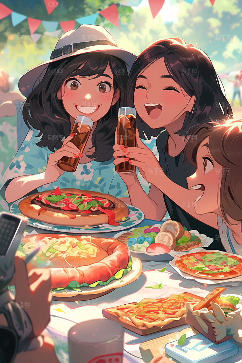 夏日聚会同学暑假插画