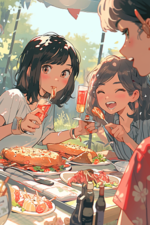 夏日聚会手绘自拍插画