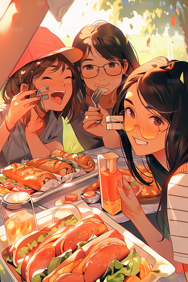 夏日聚会漫画风自拍插画