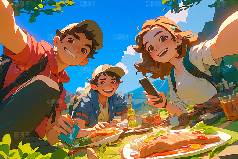 夏日聚会漫画风手绘插画