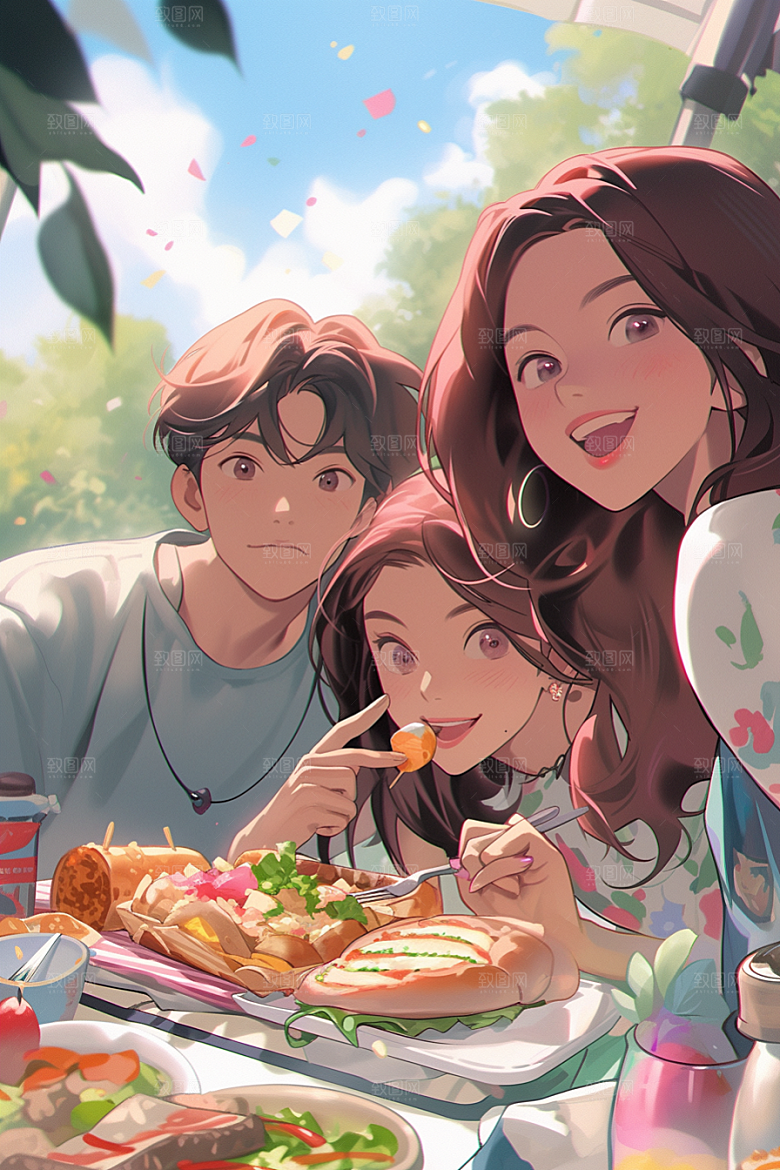 夏日聚会手绘发小插画