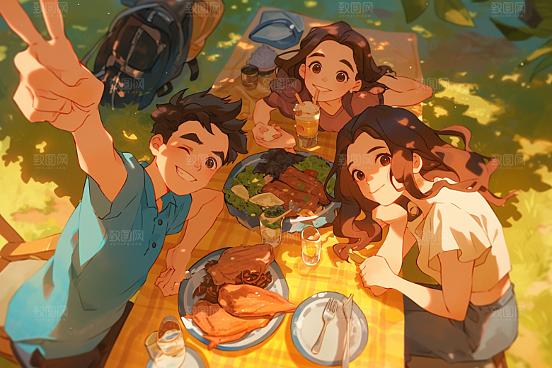 夏日聚会暑假发小插画