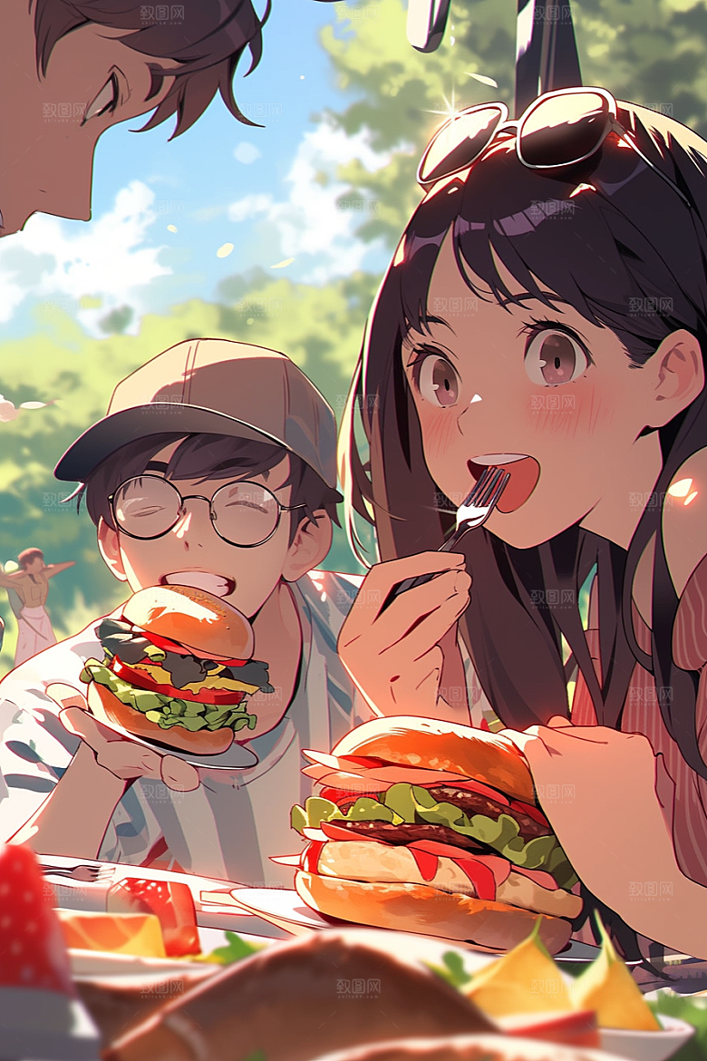 夏日聚会漫画风同学插画