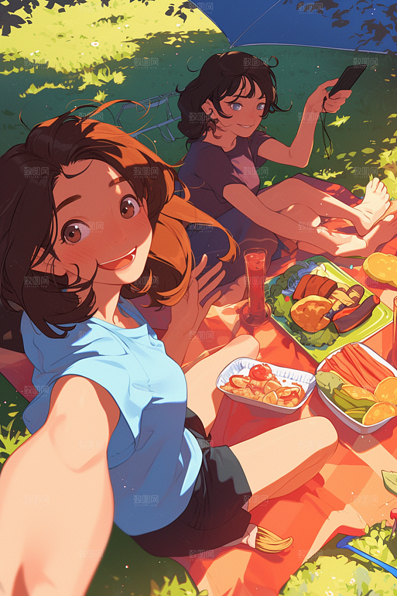 夏日聚会自拍场景插画