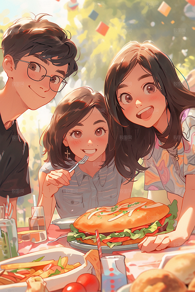 夏日聚会手绘暑假插画