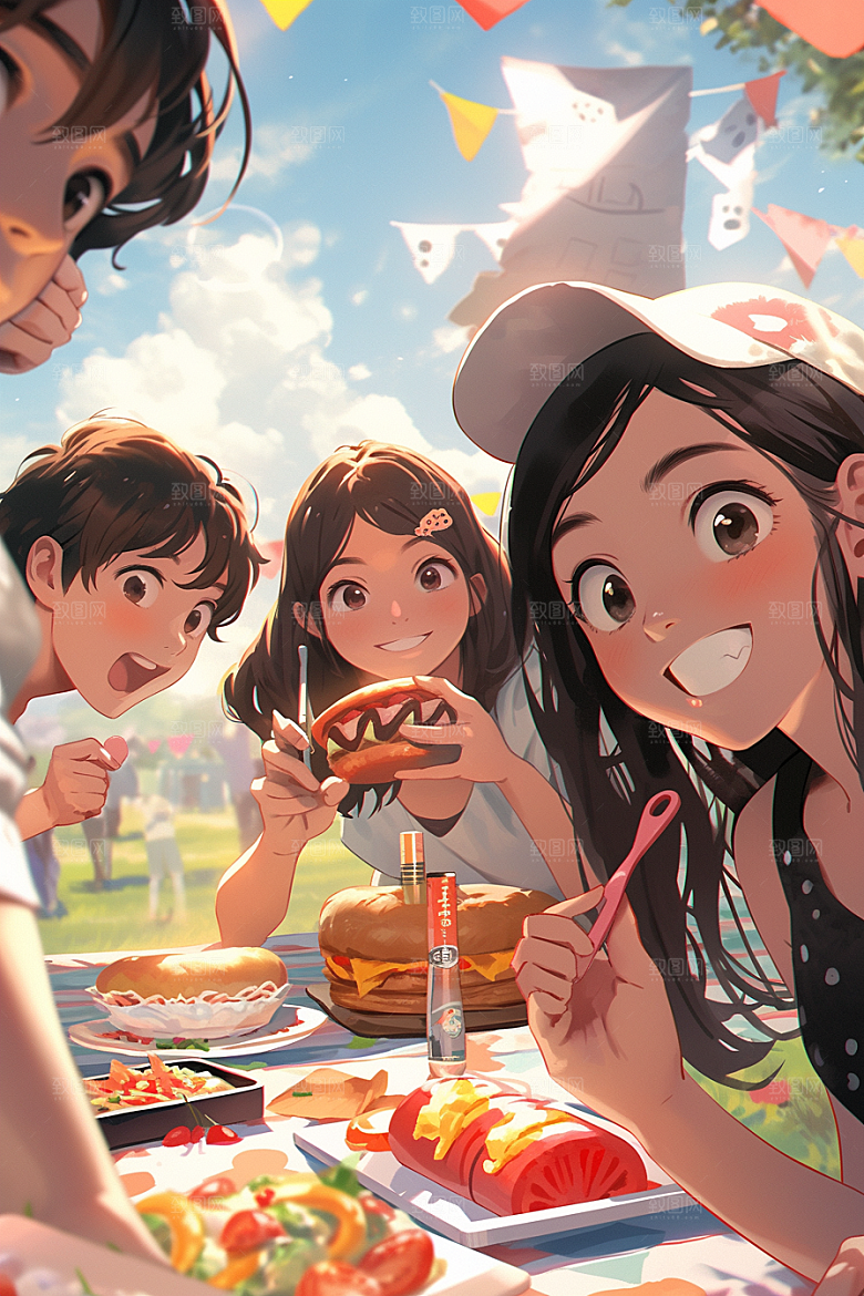 夏日聚会友情同学插画