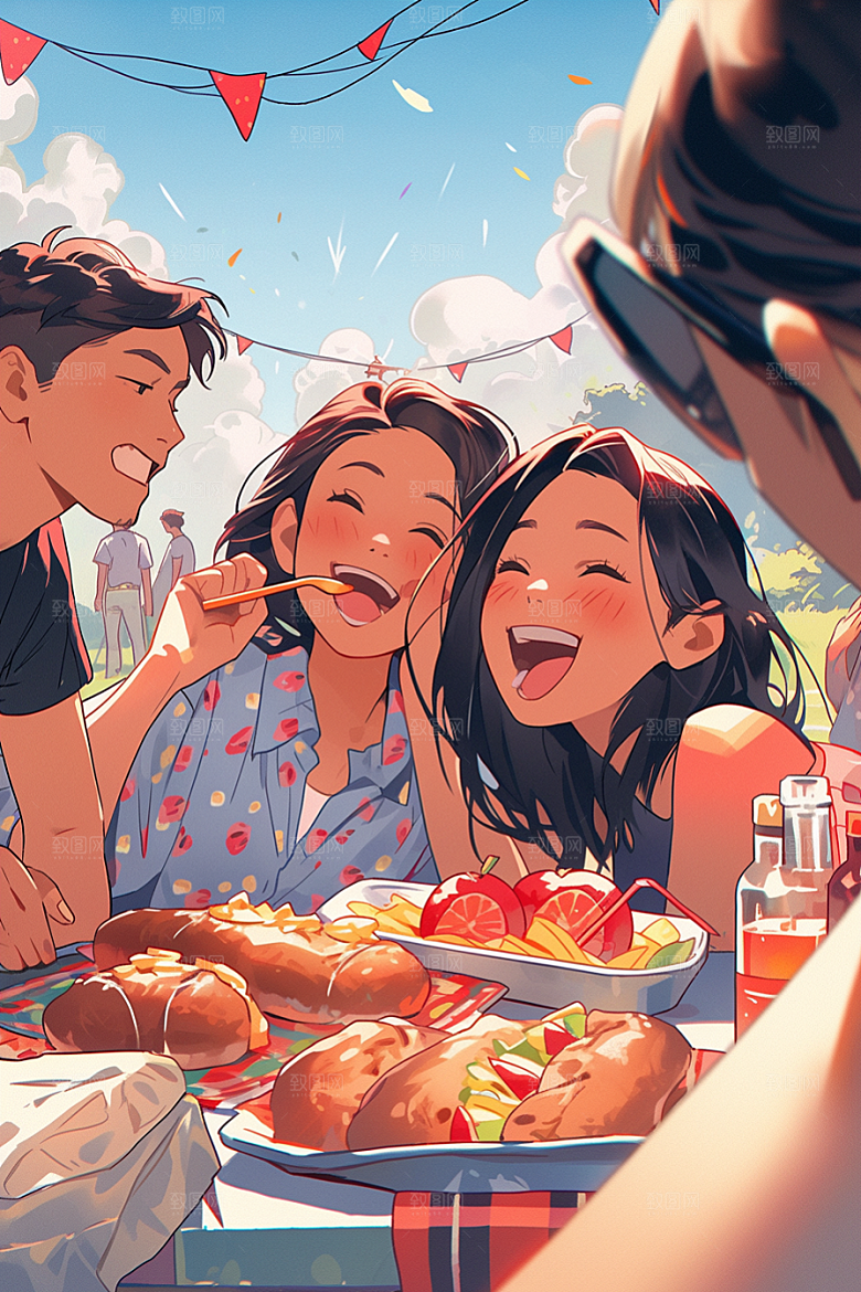 夏日聚会欢乐自拍插画