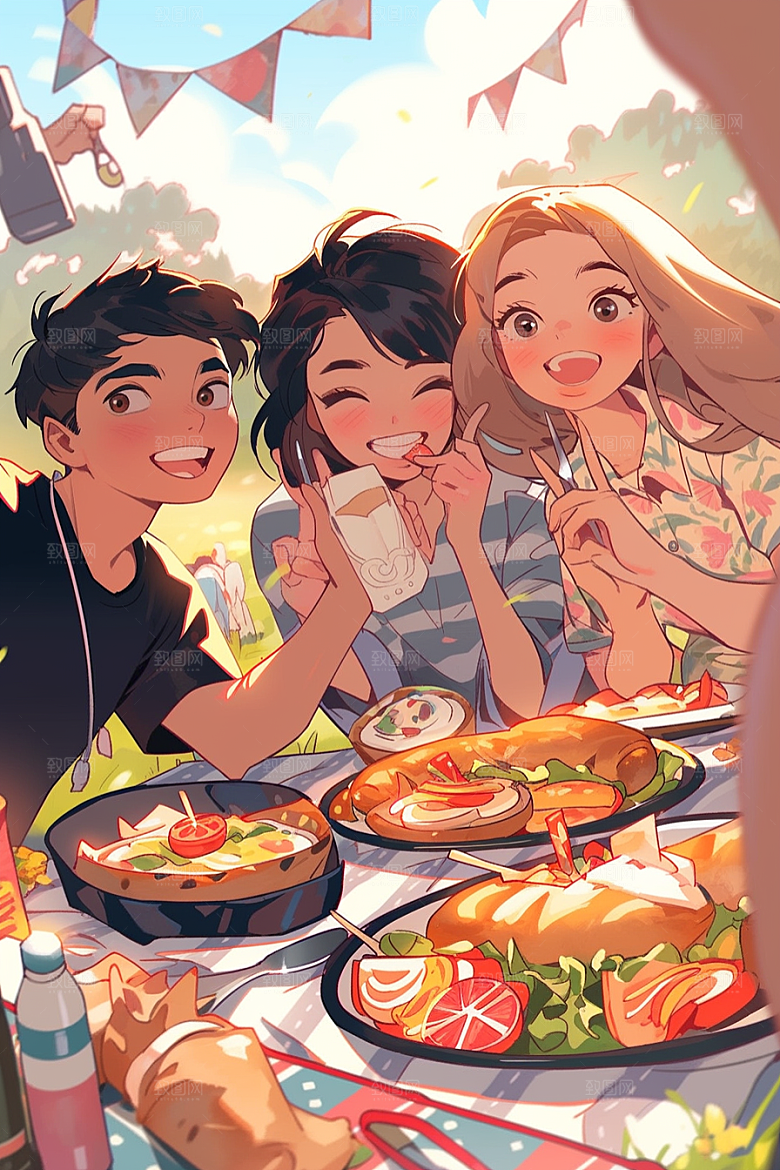 夏日聚会友谊手绘插画