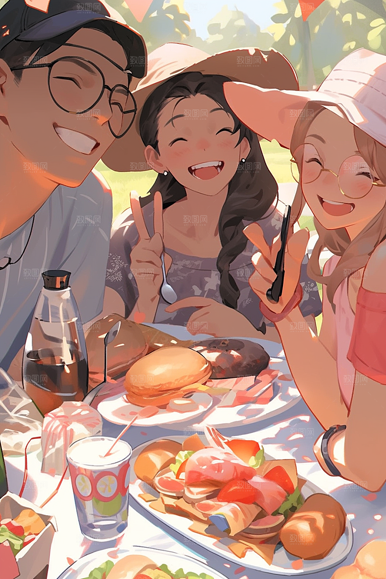夏日聚会玩耍手绘插画