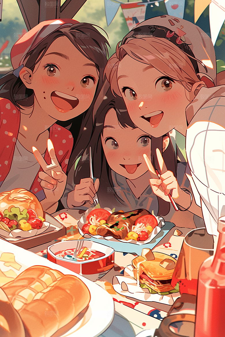 夏日聚会自拍友谊插画