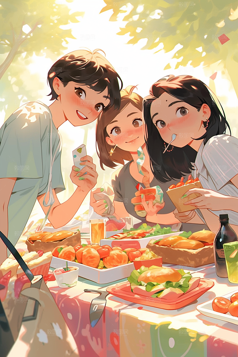 夏日聚会欢乐漫画风插画
