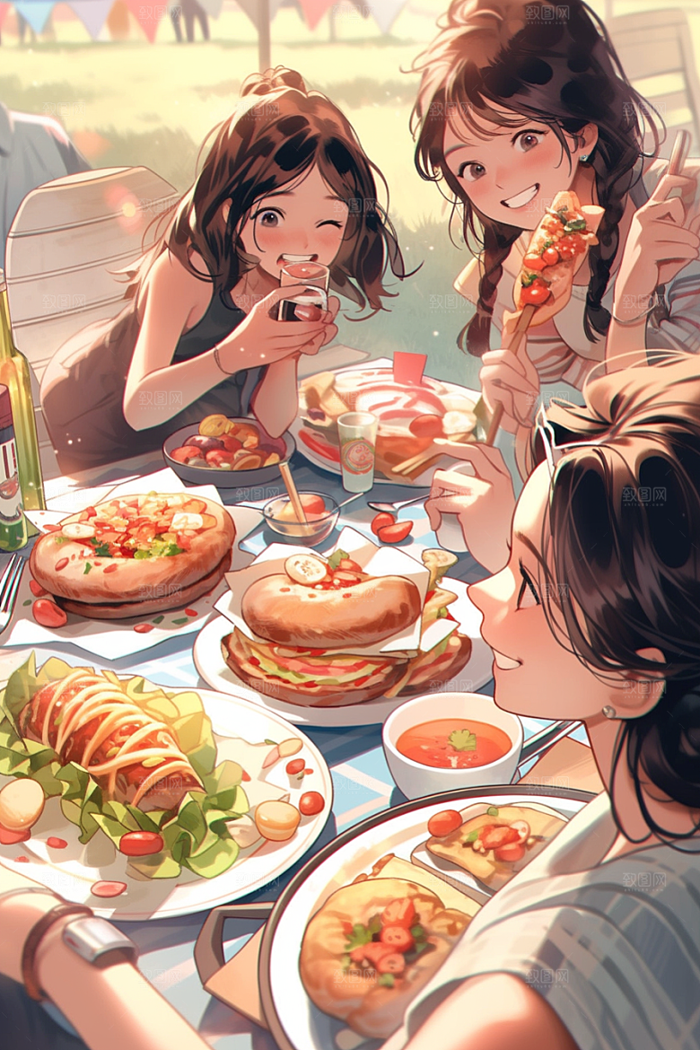 夏日聚会玩耍手绘插画