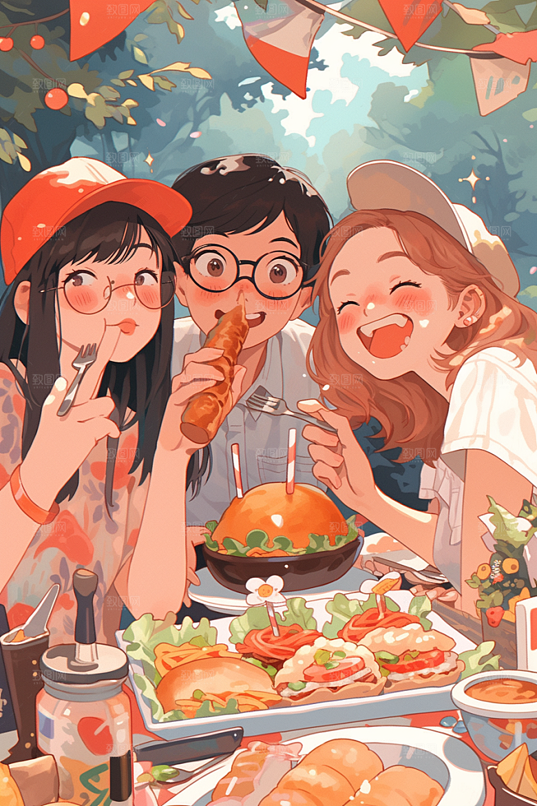 夏日聚会暑假漫画风插画