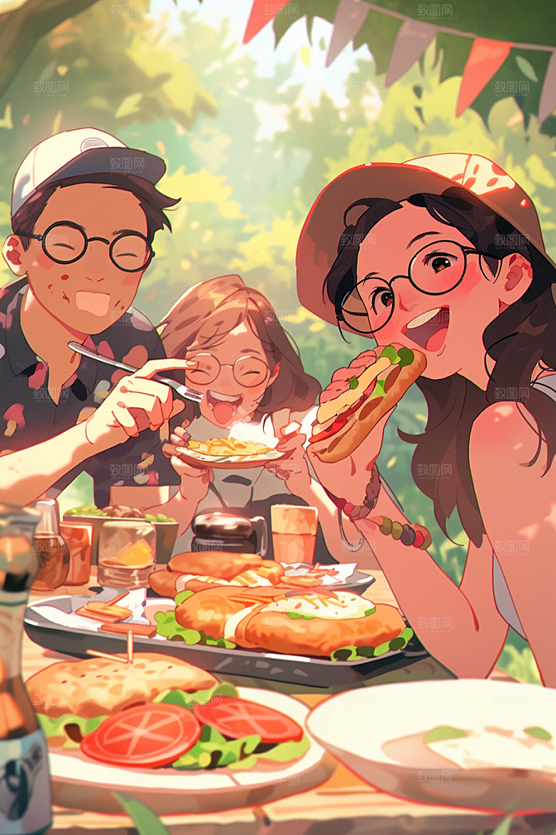 夏日聚会自拍场景插画