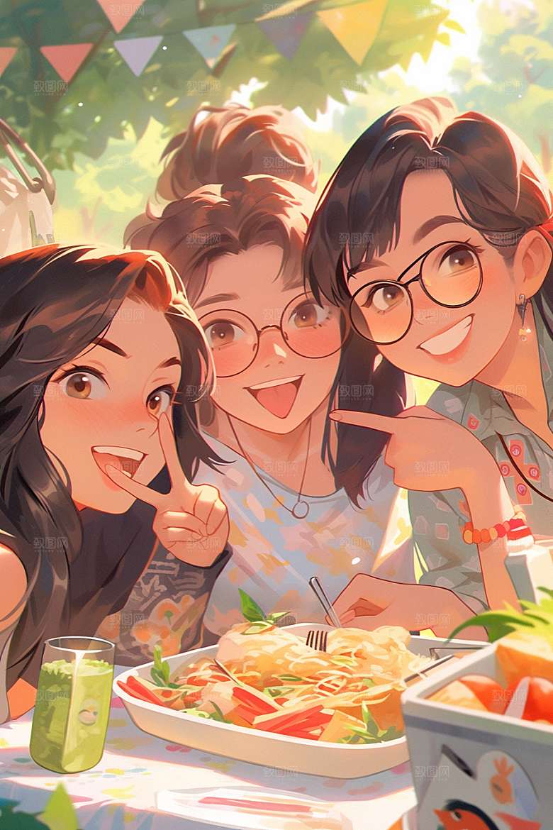 夏日聚会同学手绘插画