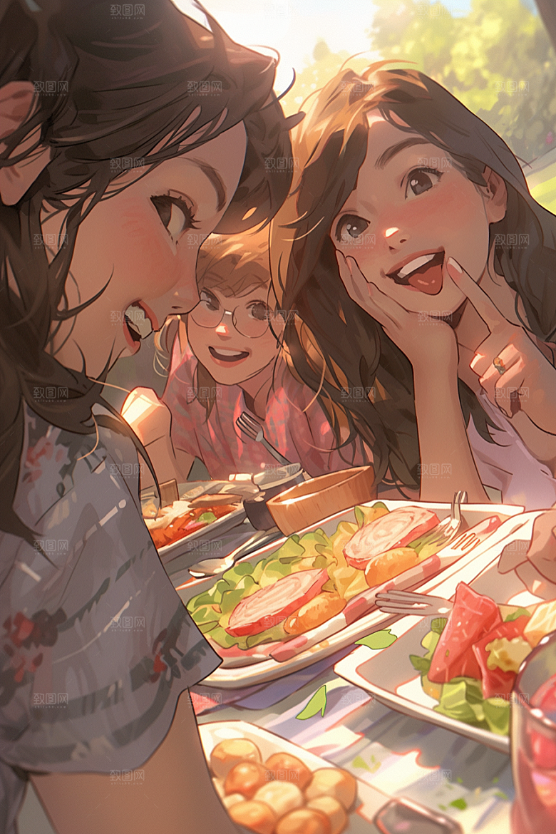 夏日聚会自拍同学插画