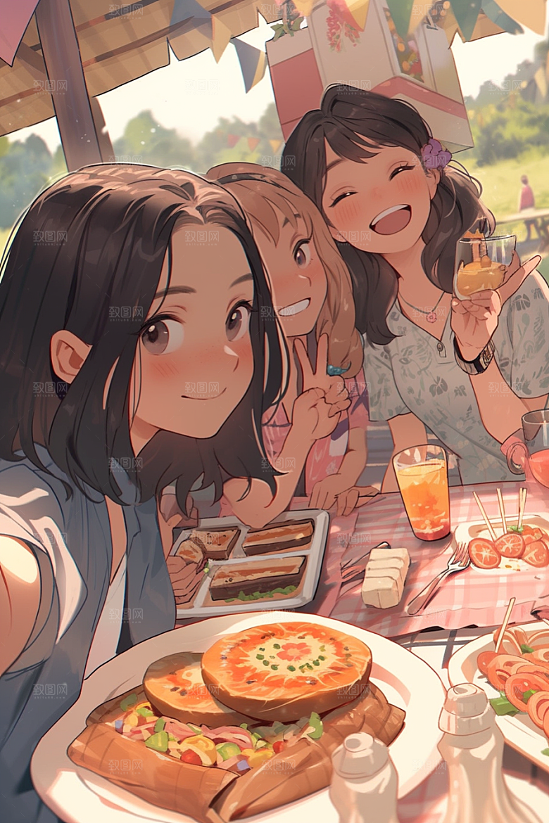 夏日聚会漫画风同学插画
