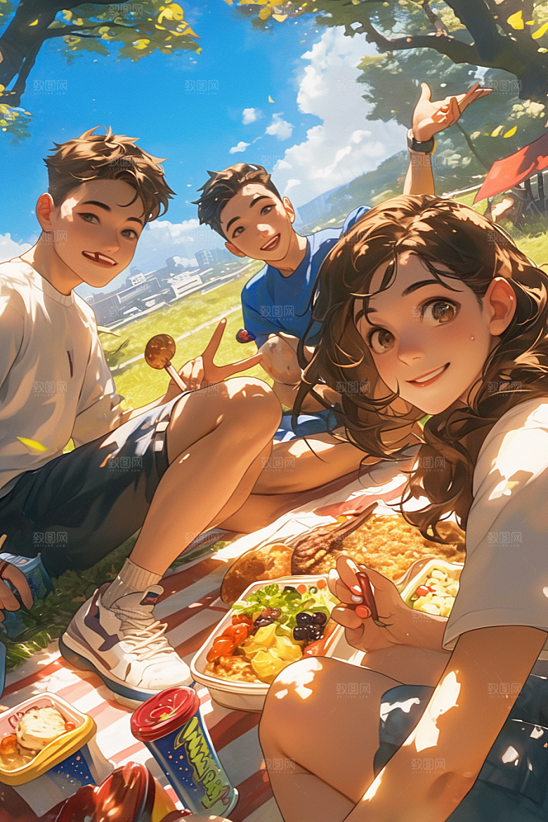 夏日聚会暑假发小插画