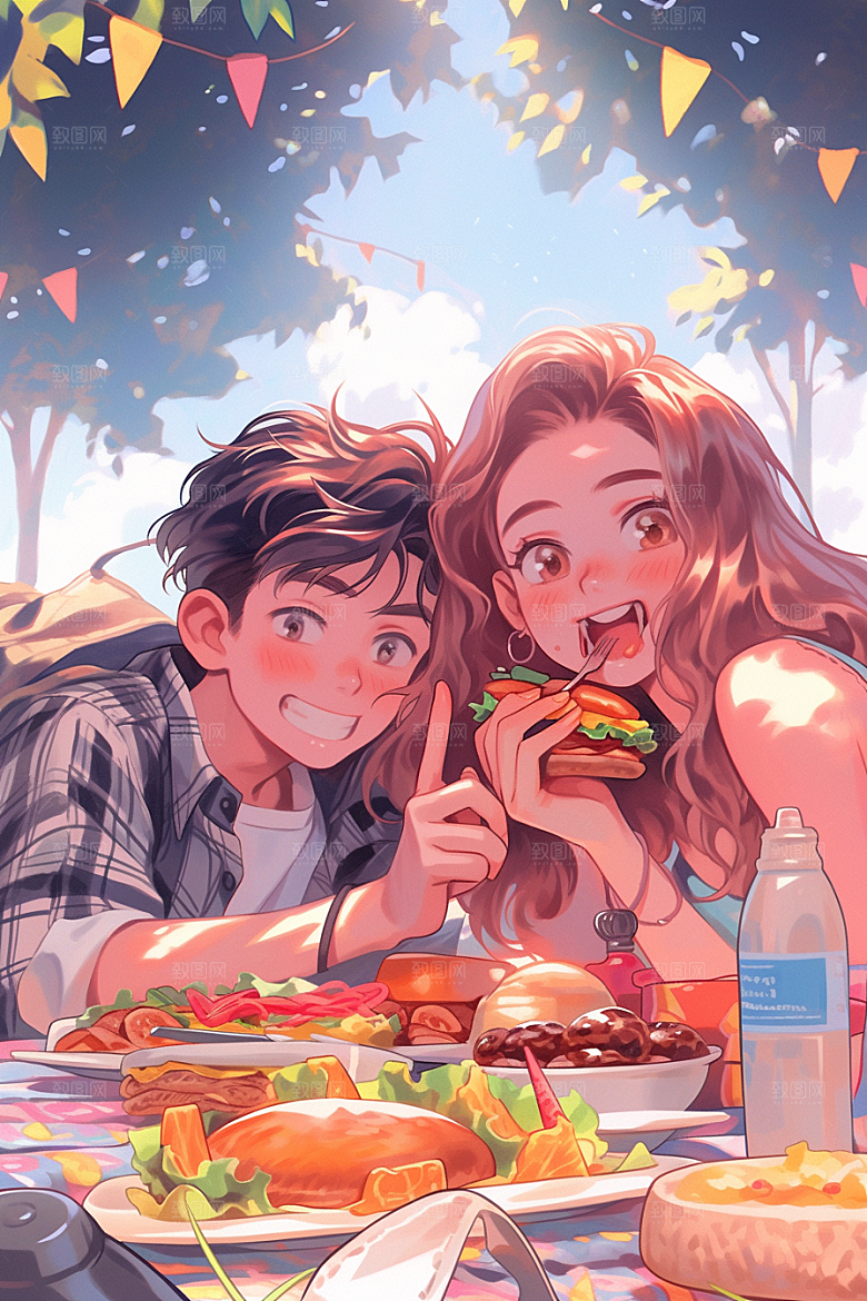 夏日聚会暑假自拍插画