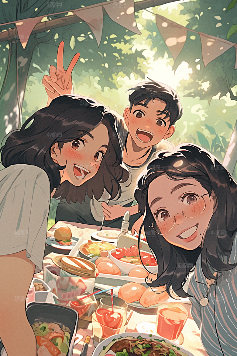 夏日聚会漫画风友情插画