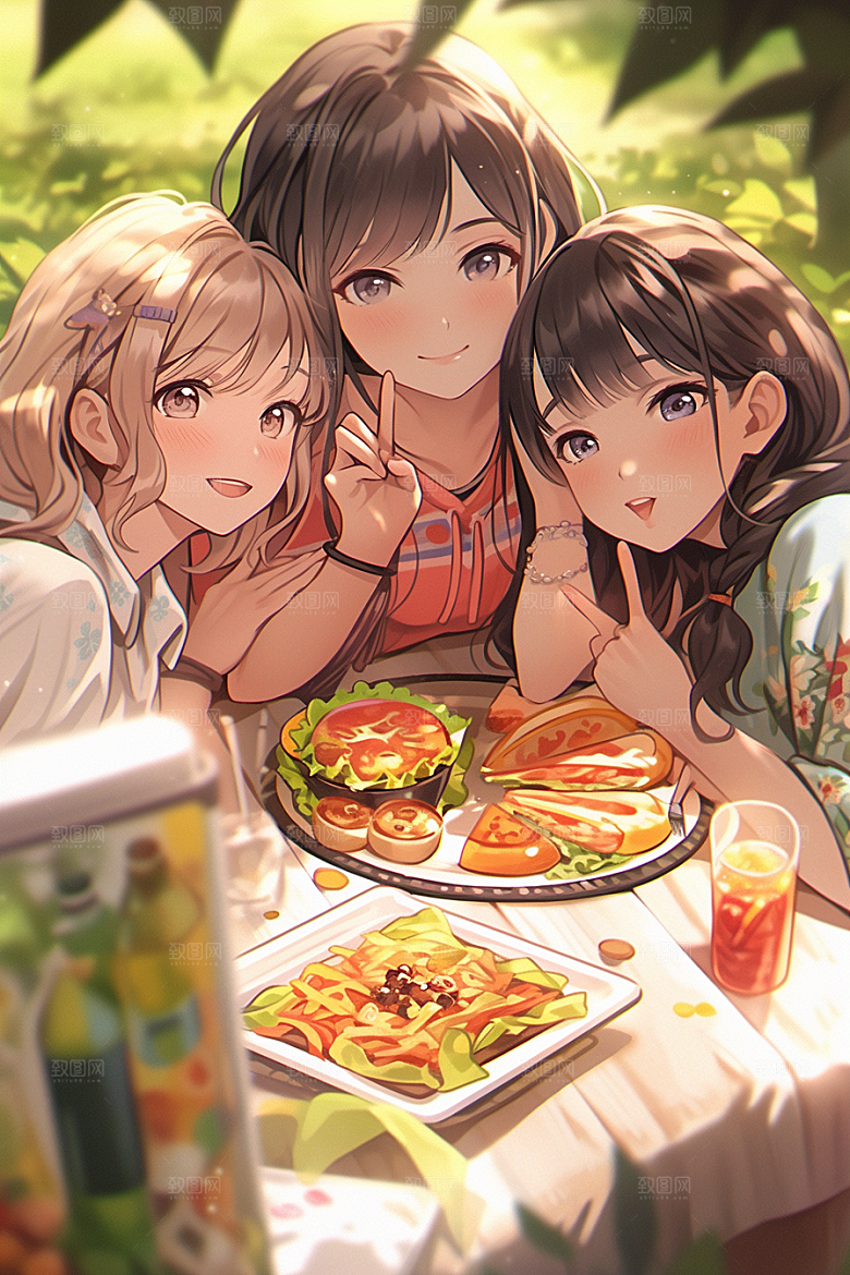 夏日聚会自拍漫画风插画