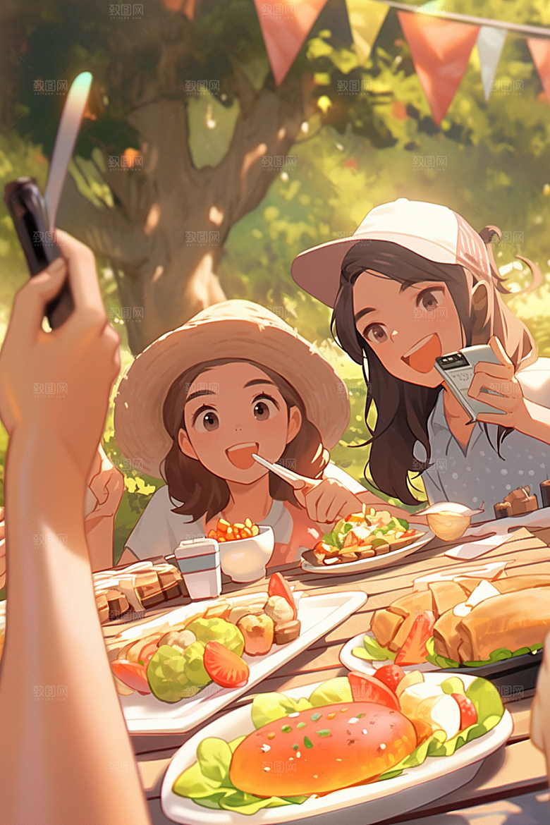 夏日聚会同学自拍插画