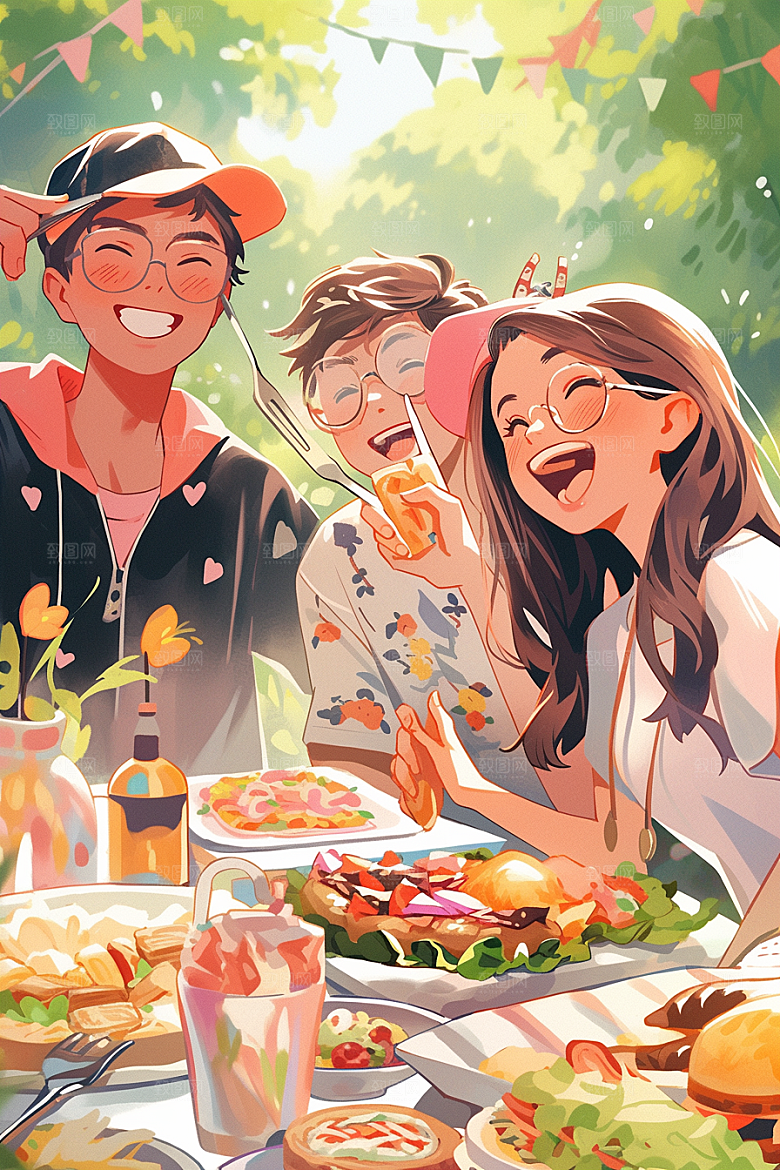夏日聚会假日同学插画