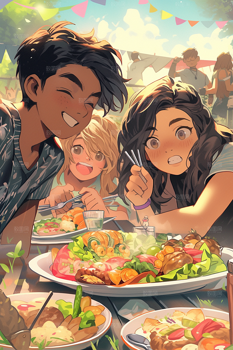 夏日聚会漫画风自拍插画