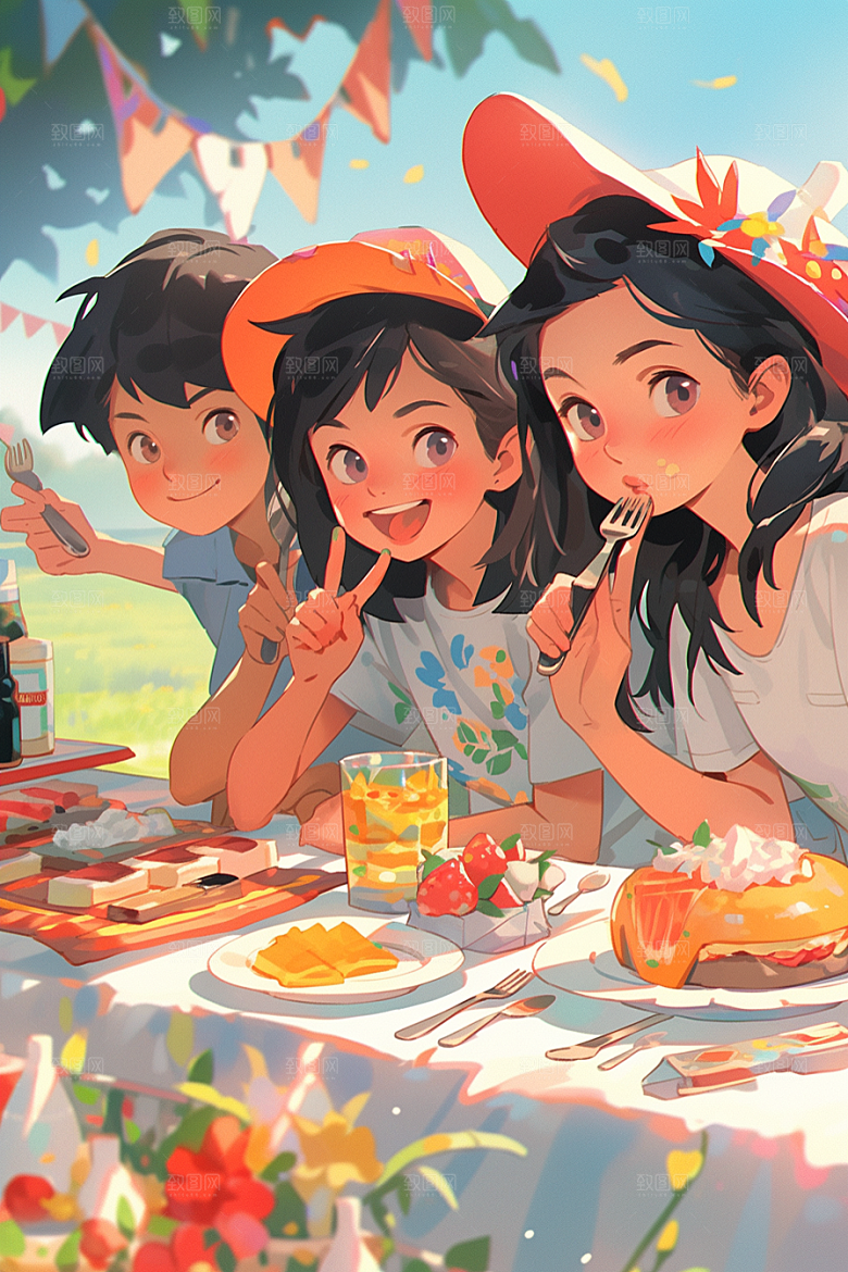 夏日聚会漫画风高清插画