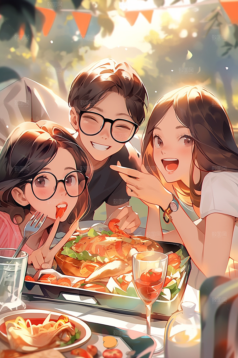 夏日聚会同学欢乐插画