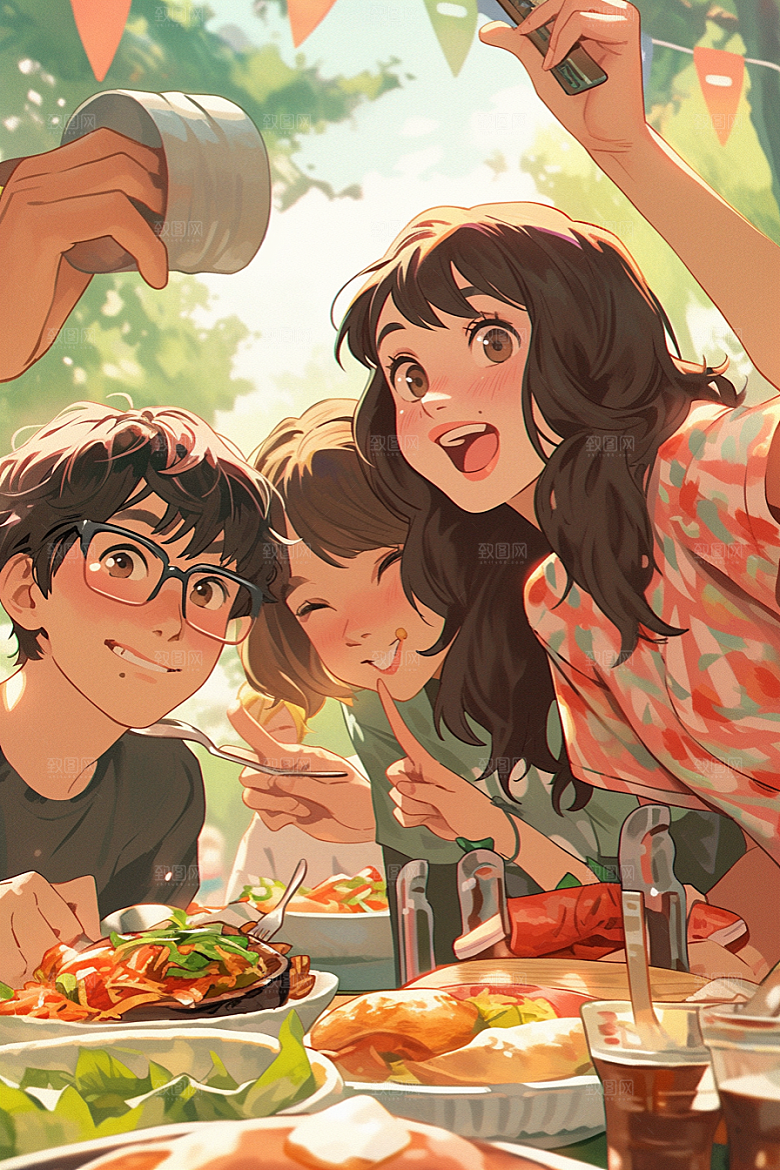 夏日聚会玩耍自拍插画