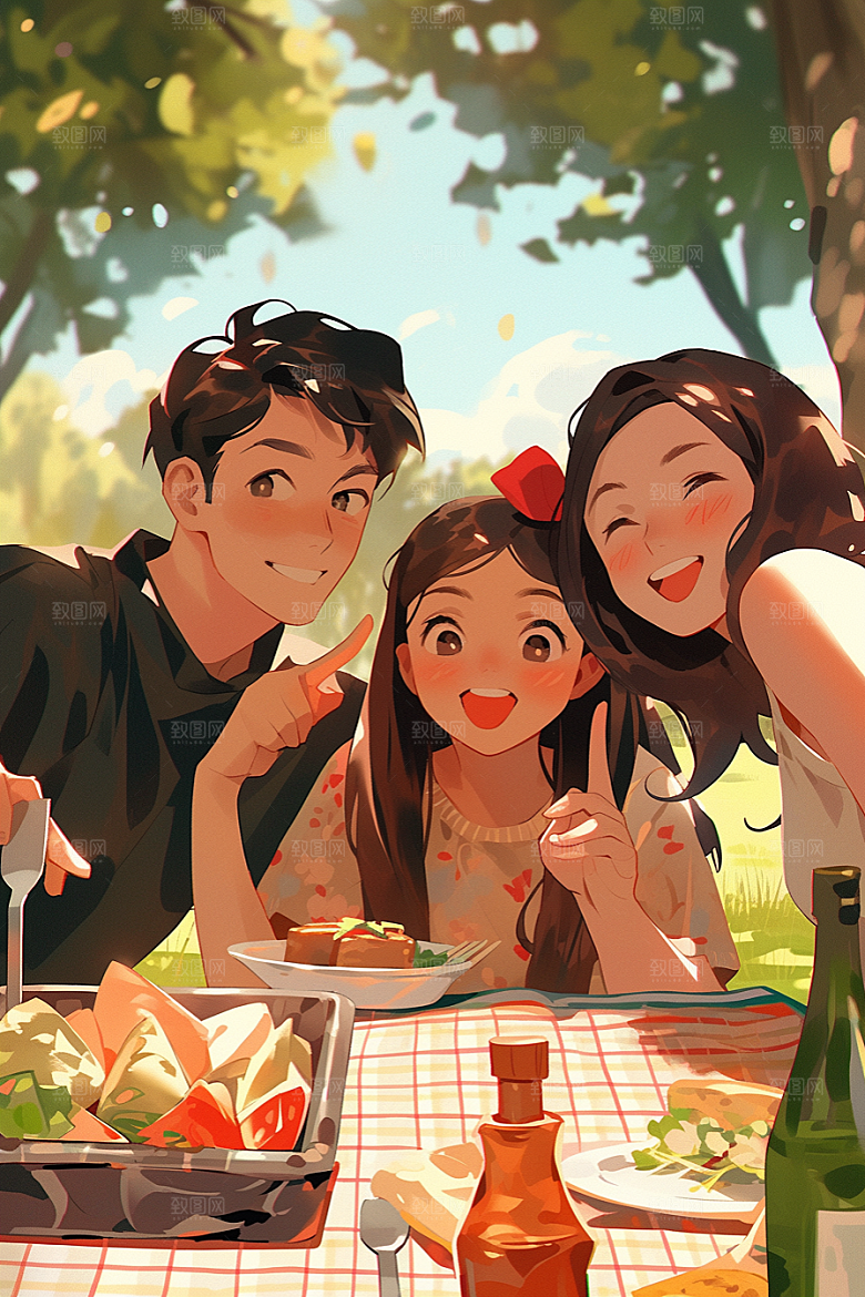 夏日聚会自拍漫画风插画