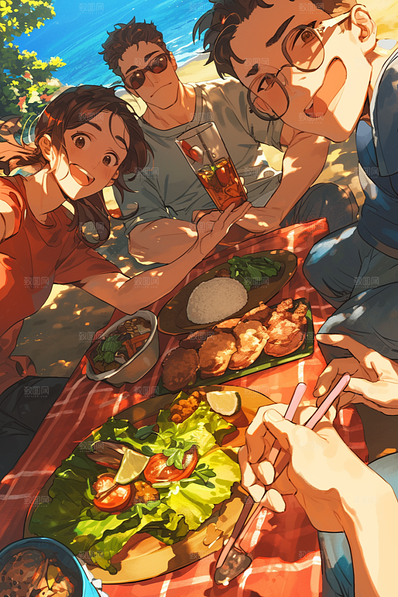 夏日聚会自拍场景插画