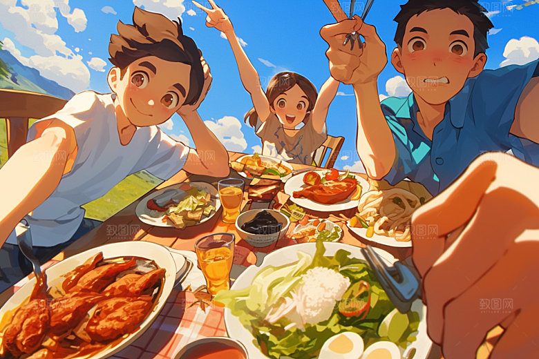 夏日聚会漫画风发小插画