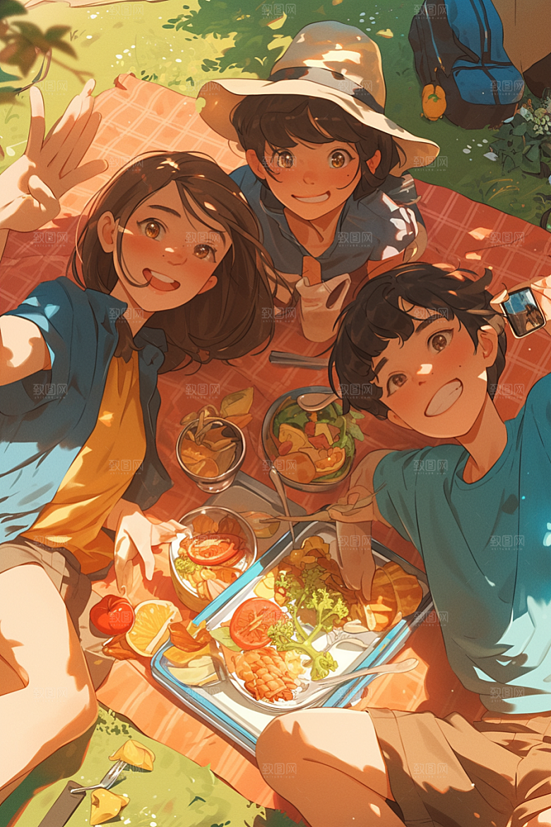 夏日聚会手绘发小插画