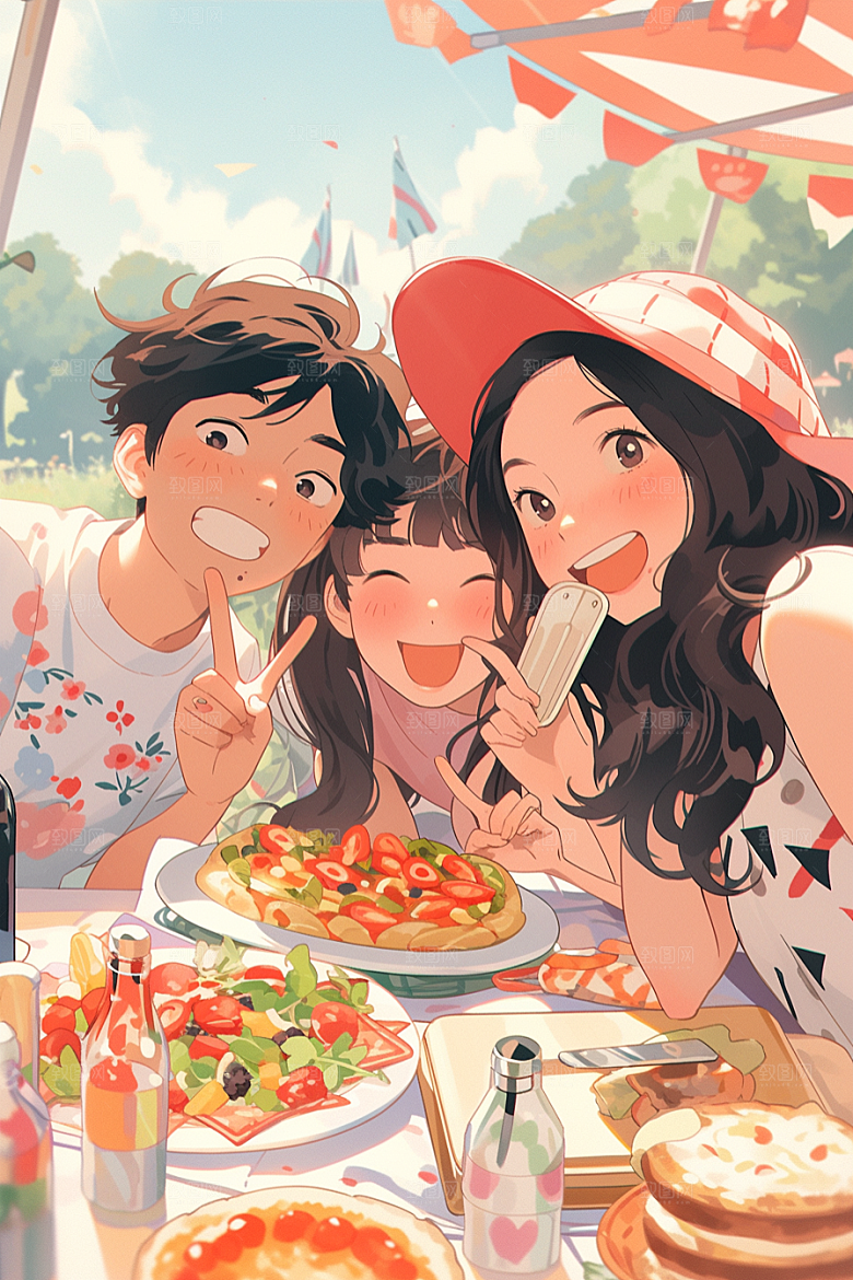 夏日聚会漫画风同学插画