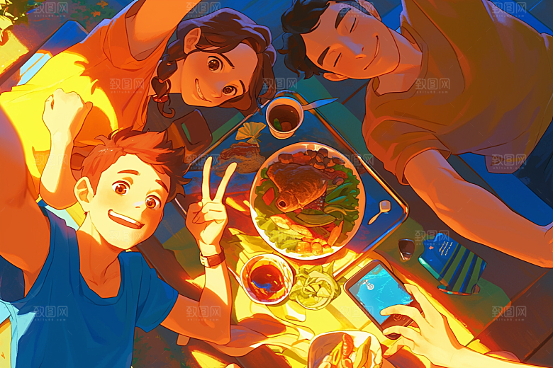 夏日聚会发小高清插画