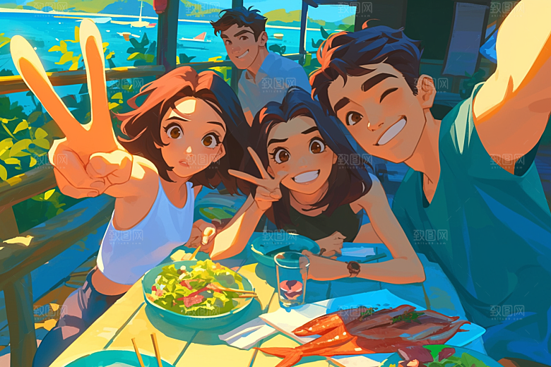 夏日聚会场景暑假插画