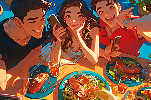 夏日聚会自拍暑假插画