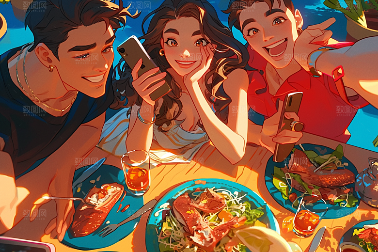 夏日聚会自拍暑假插画