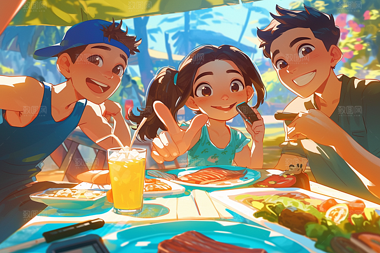 夏日聚会手绘发小插画