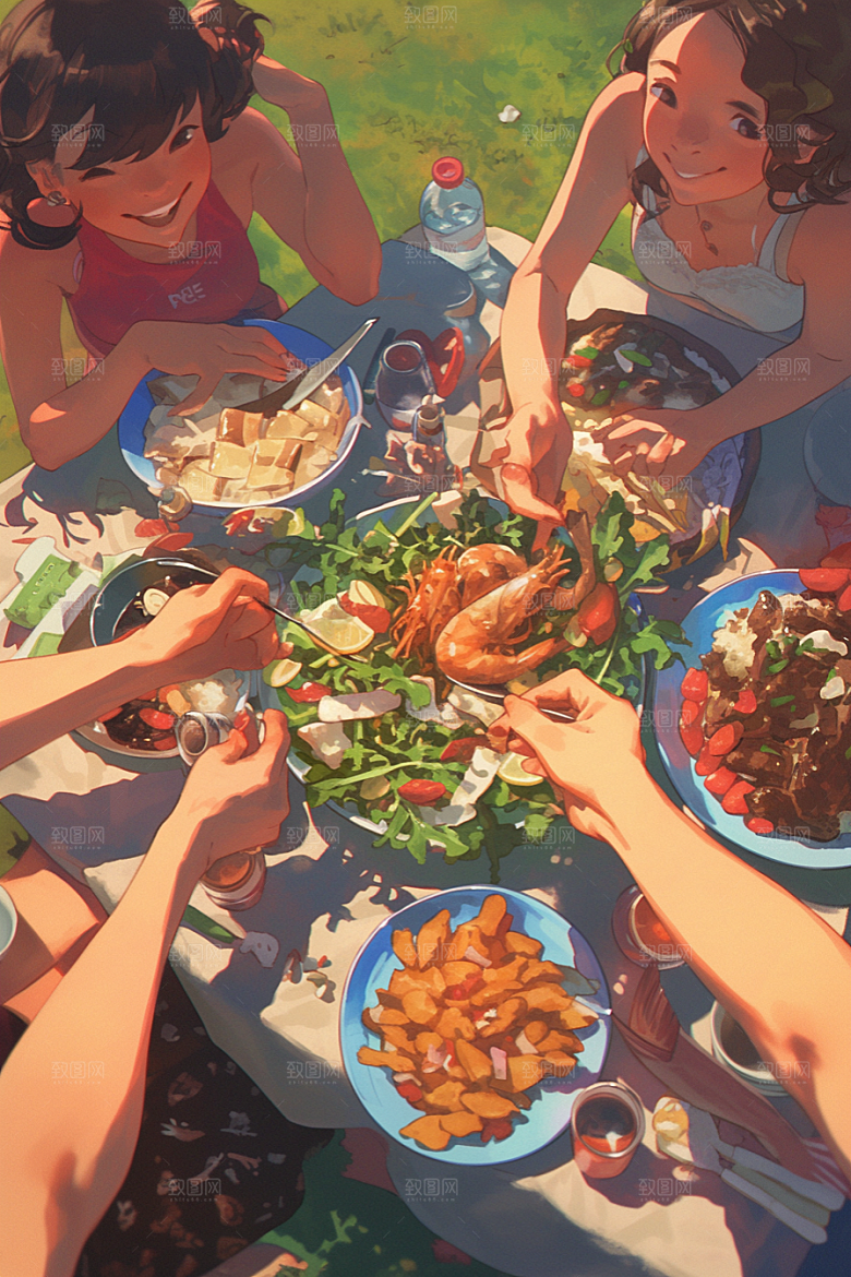 夏日聚会自拍场景插画