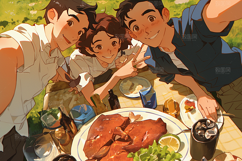 夏日聚会同学手绘插画