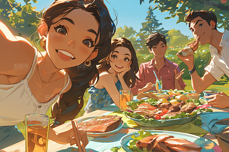 夏日聚会手绘高清插画