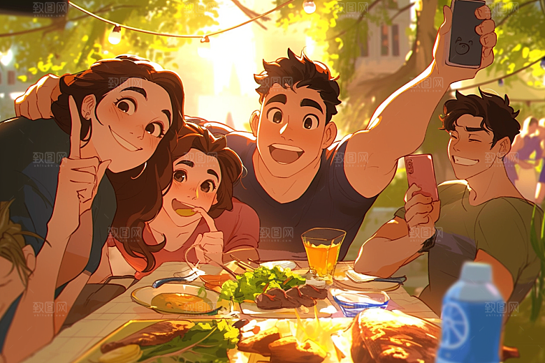 夏日聚会暑假手绘插画