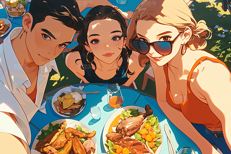 夏日聚会暑假自拍插画