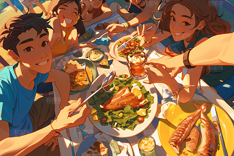 夏日聚会友情自拍插画
