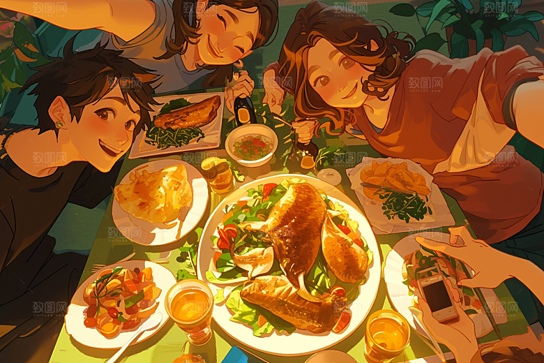 夏日聚会同学自拍插画